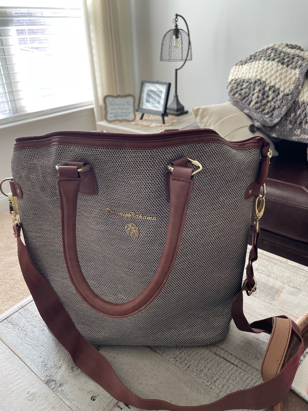 Tommy Bahama Gray Canvas Tote with Brown Trim